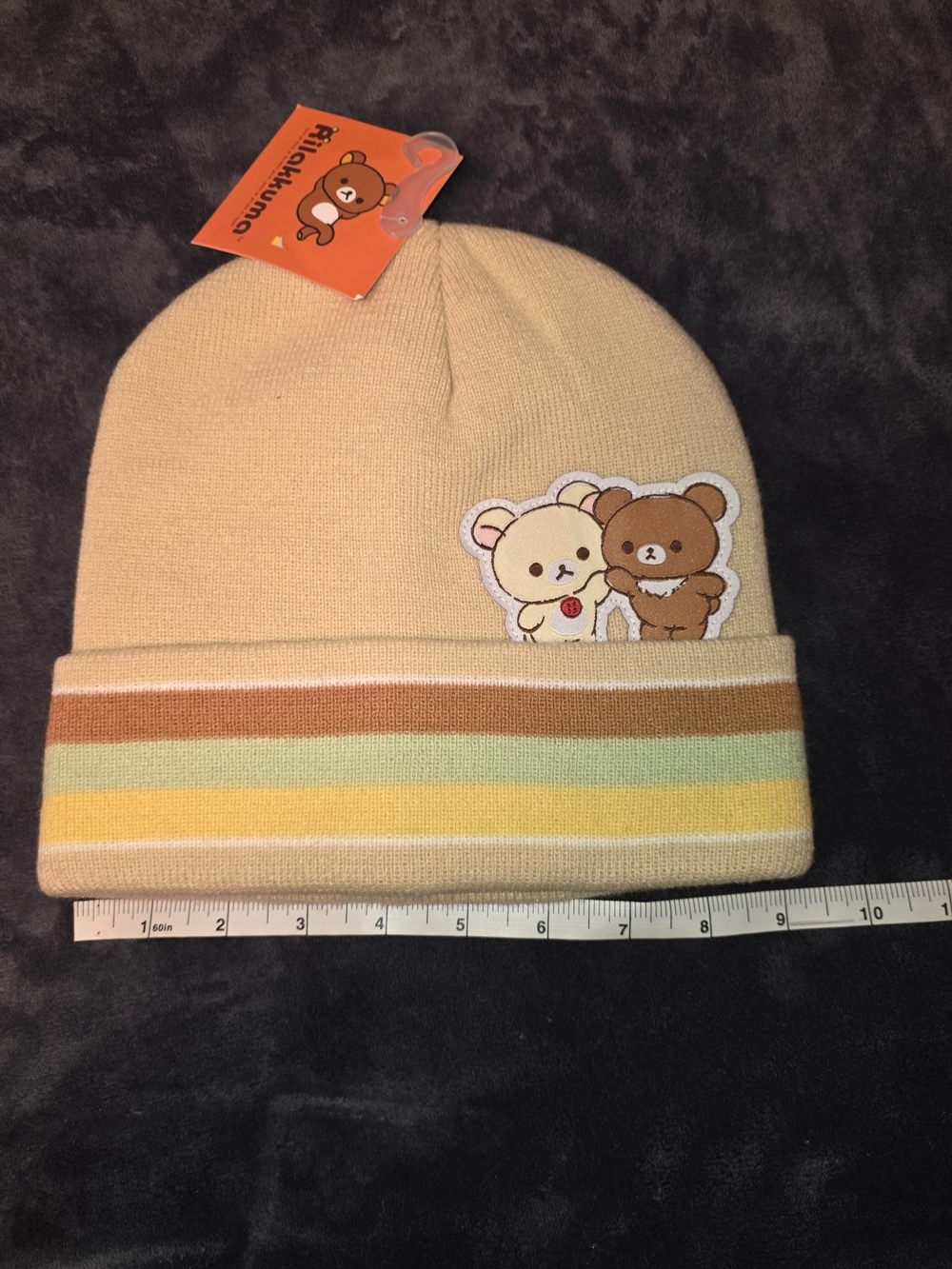 San-X Rilakkuma Korilakkuma Striped Cuff Tan Knit Beanie Hat NWT